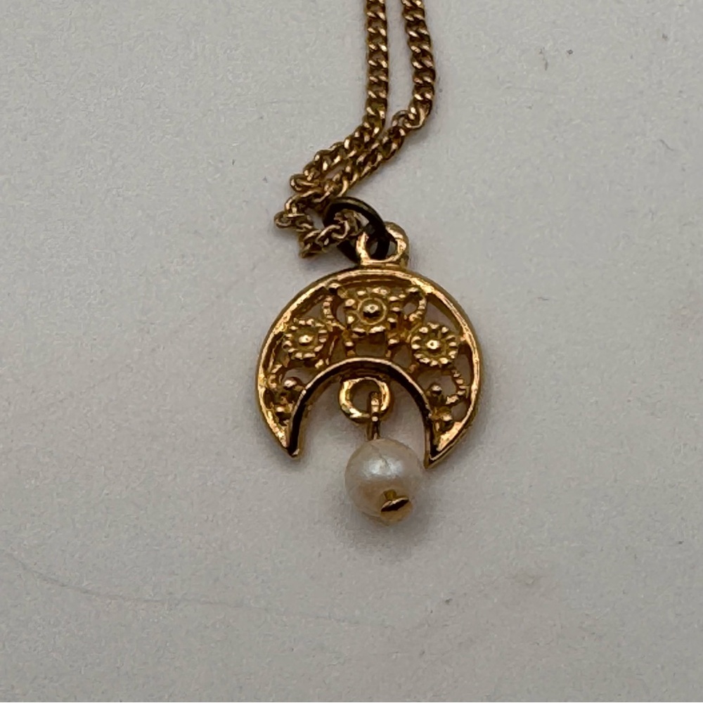 Goldtone floral crescent moon and faux pearl necklace fairy boho cottage dainty